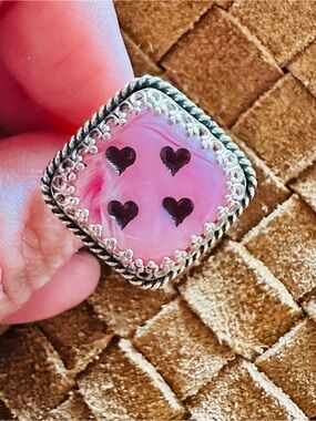 Pink DICE Heart Inlay Silver Statement Ring - Women Jewelry